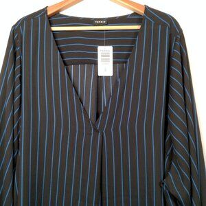 Torrid Plus Size 5 5X Georgette Blouse Black Blue Striped Long Balloon Slv New